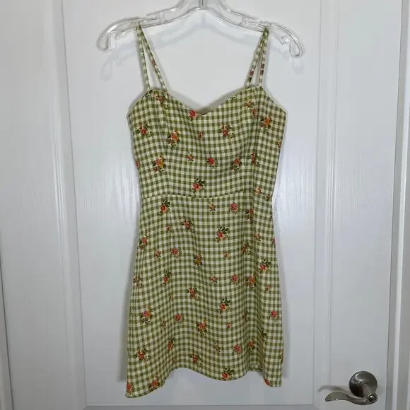 Reformation Roarke Floral Check Mini Sun Dress Green Gingham Sweetheart  Linen 2 Mini